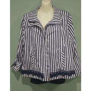 Chico's Striped Zip and Snap 3/4 Length Tab Sleeve Jacket,‎ Navy/Wht, Sz 1 (8)